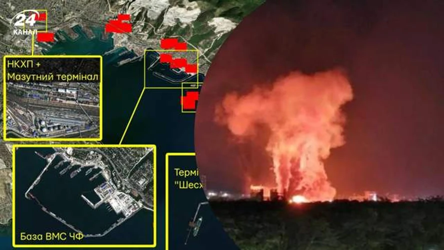 Супутникові знімки пожеж і витоків на терміналі «Шесхаріс» у Новоросійську після удару 12 серпня.